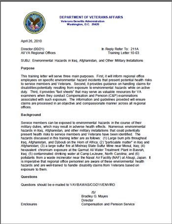 VA letter on environmental exposure